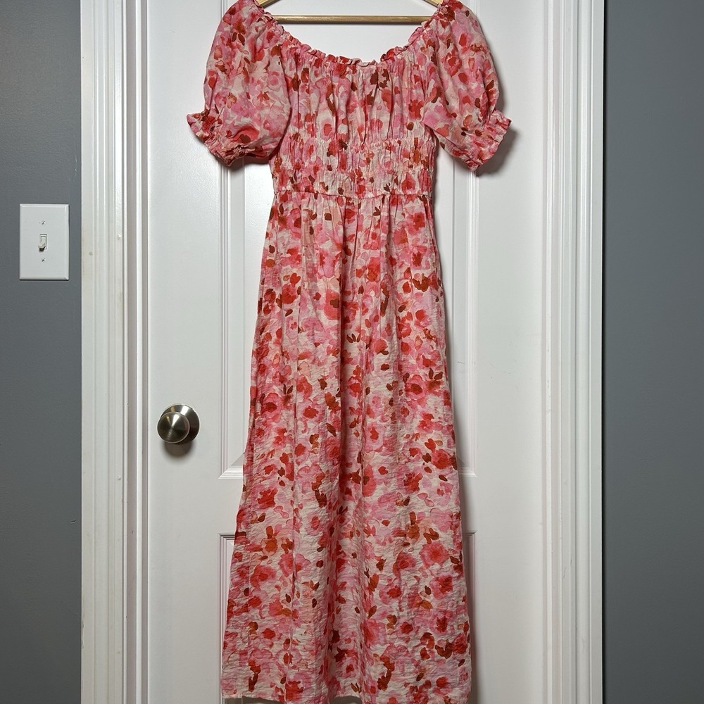H&M Pink Watercolor Floral Smocked Puff Sleeve Maxi Dress Coquette Dreamy Style